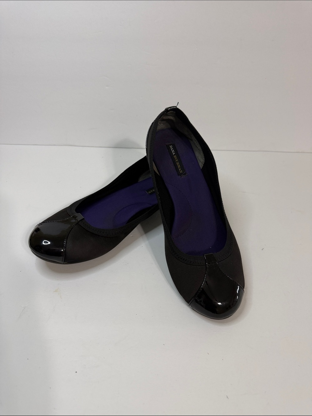 Dana Buchman Black Flats with Patent Toe and Purple Insole